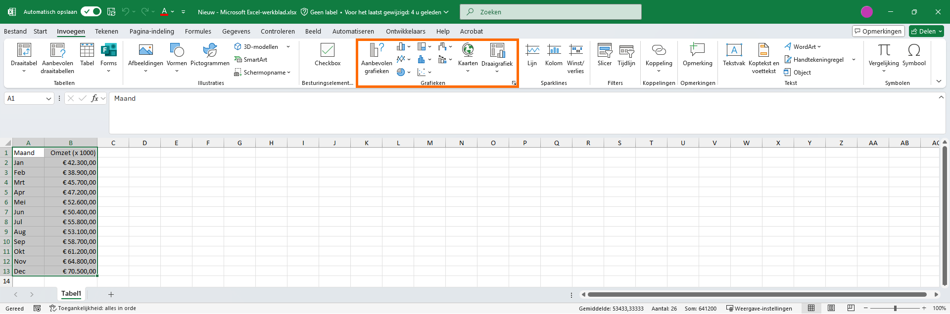 Grafiek typen kiezen om data om te zetten in grafiek in Excel